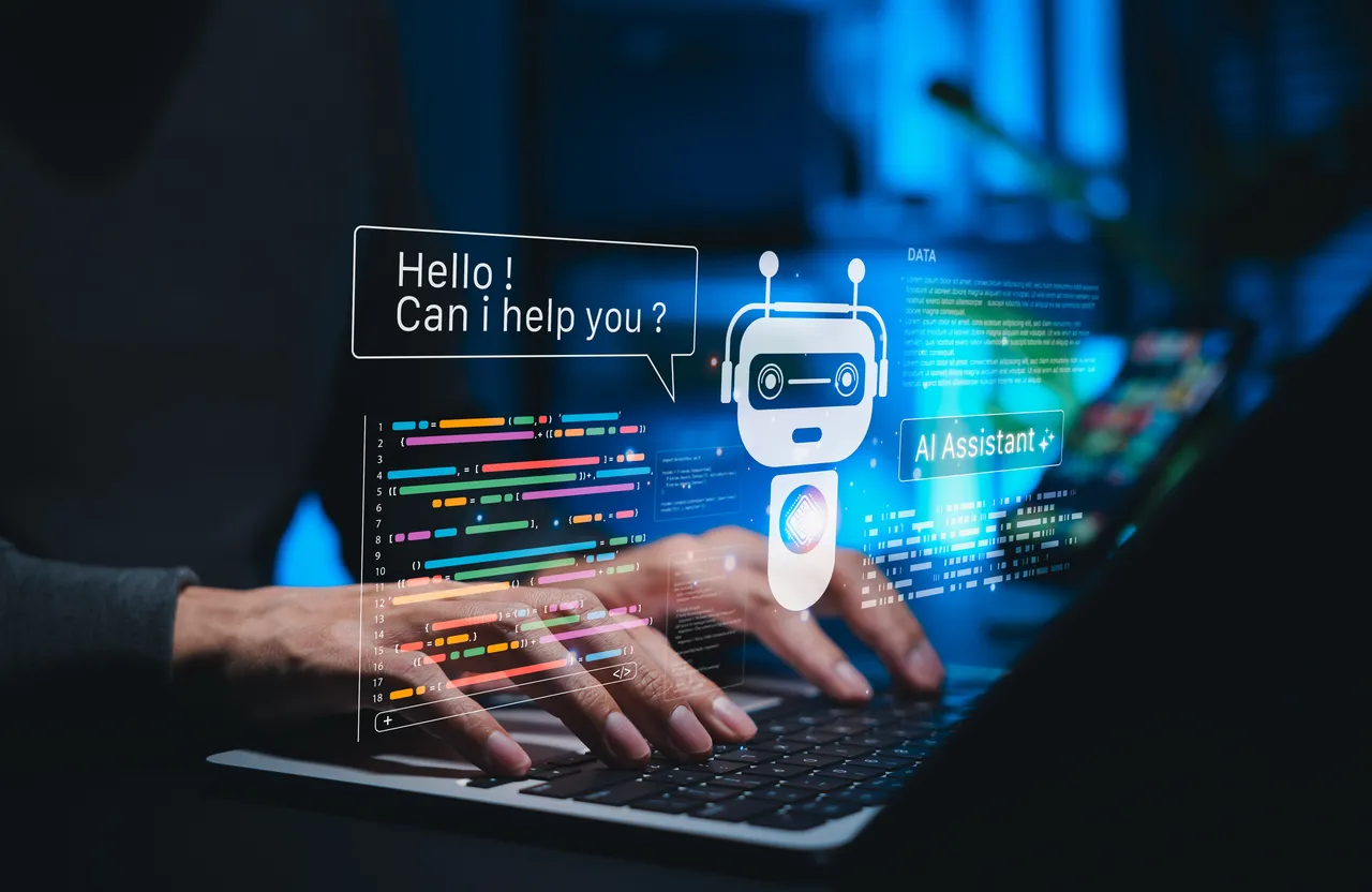 AI coding assistant for software development concept. Machine Learning Code, Programmer use laptop with code and AI robot represent artificial intelligence, AI programming, software development tools,