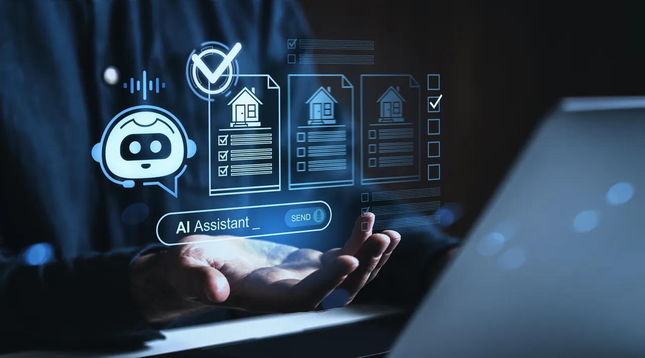 Futuristic interface of AI assistant helping with real estate property catalog search, digital elements, glowing icons on dark blurred background, concept of management