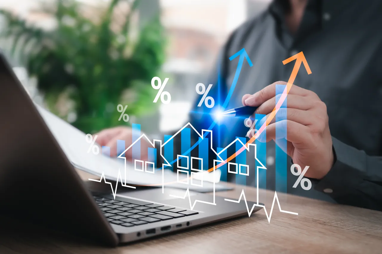 Real Estate Market Growth Concept, Businessman Forecasting Property Investment Trends, Analyzing Percentage Business Growth, Financial Profit Strategy, Housing Development, Corporate Planning, Success