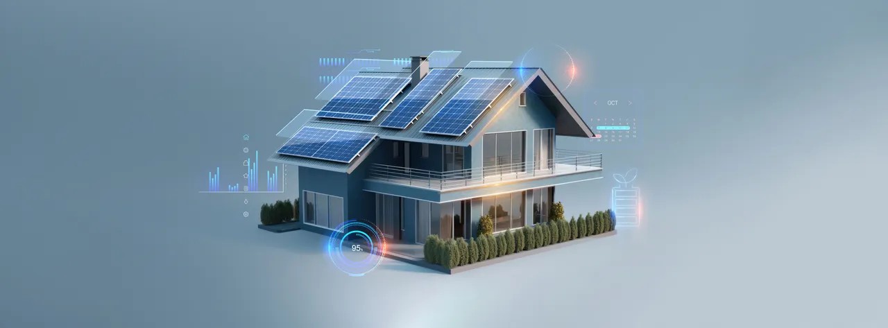 futuristic generic smart home with solar panels rooftop system for renewable energy concepts as wide banner with copyspace area - Generative AI